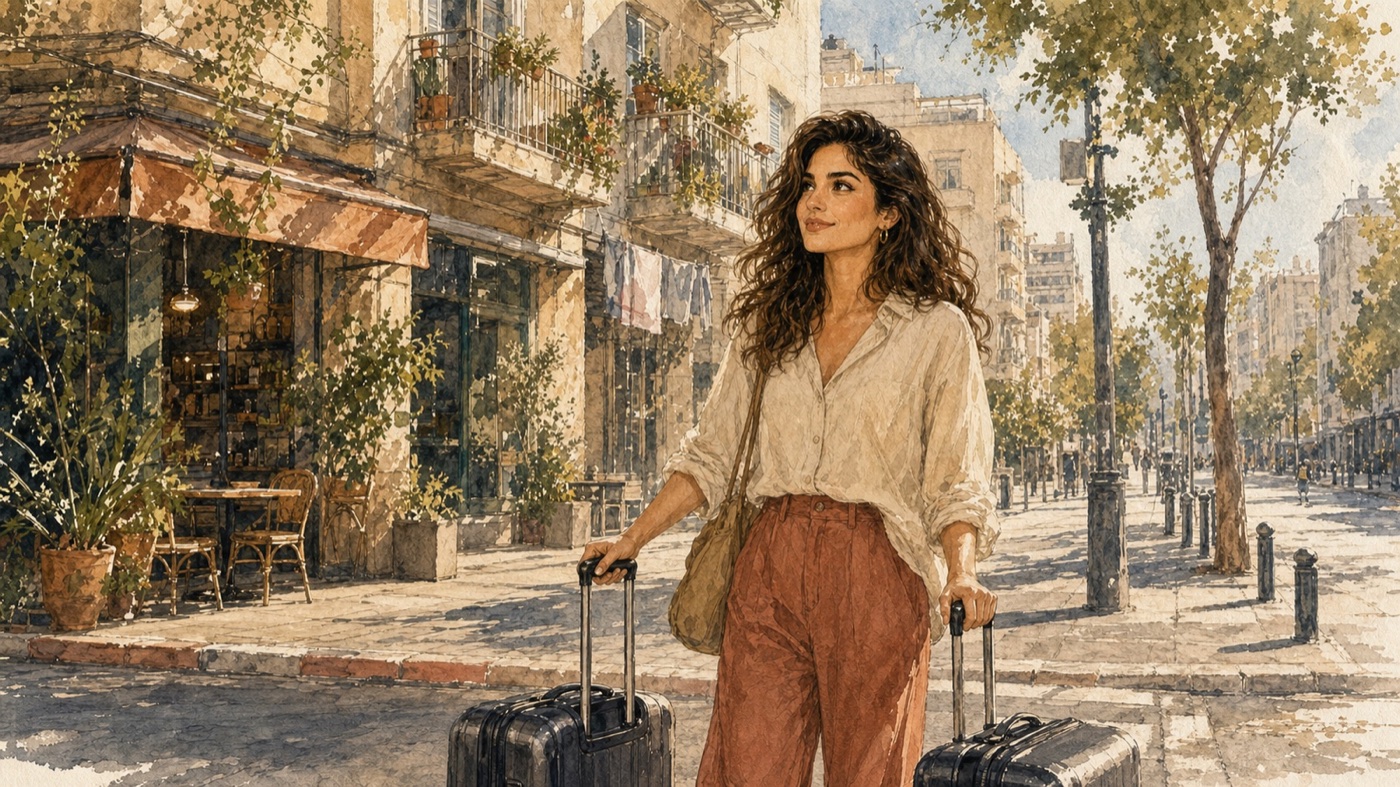 Gal arriving on a sunlit Tel Aviv street with her suitcases