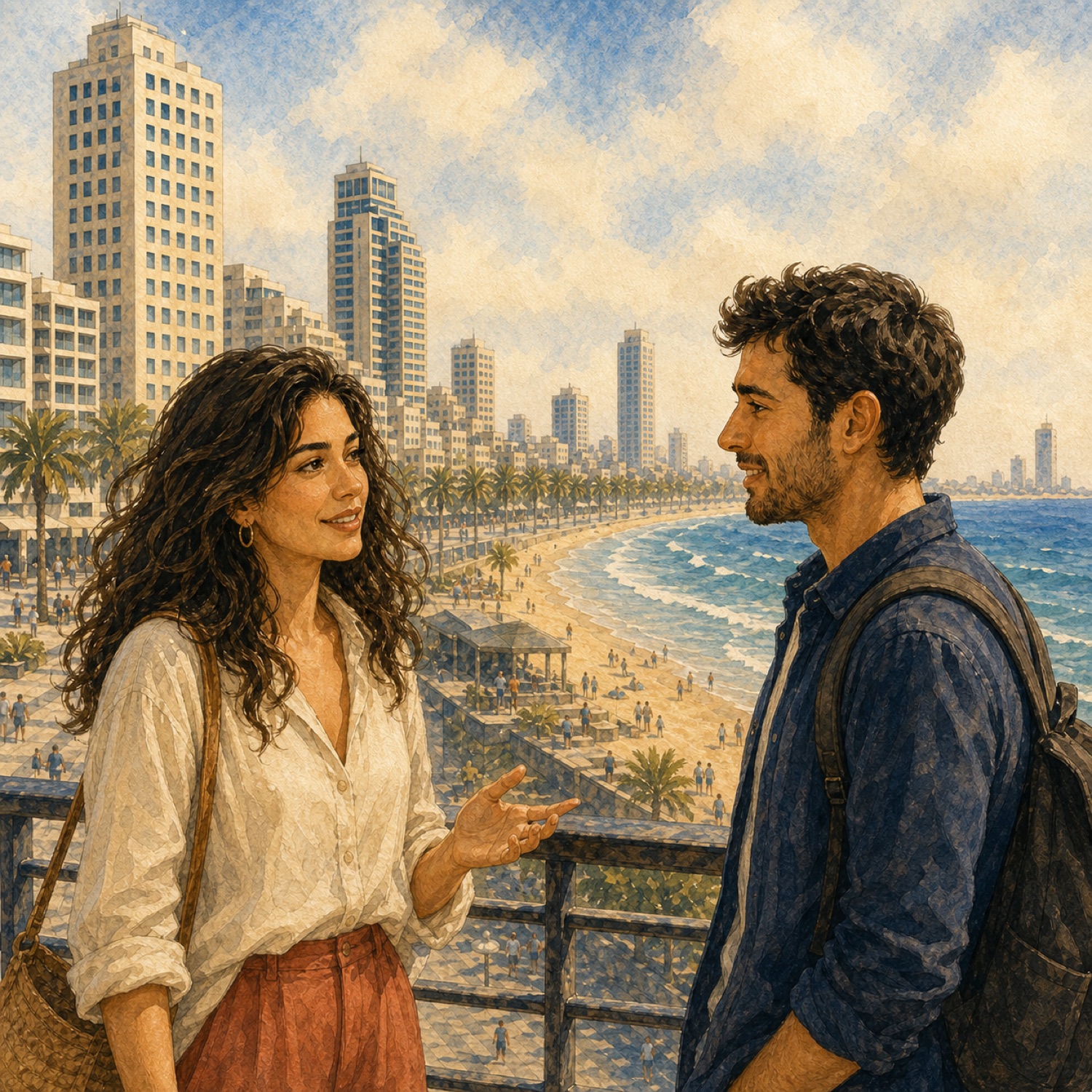 Ron and Gal speaking above the Tel Aviv beach in a watercolor illustration